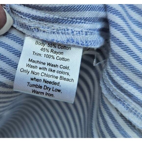 Calligraphie Anthropologie Top Large Blue White Striped Button Up Ivory Crochet - Picture 11 of 13